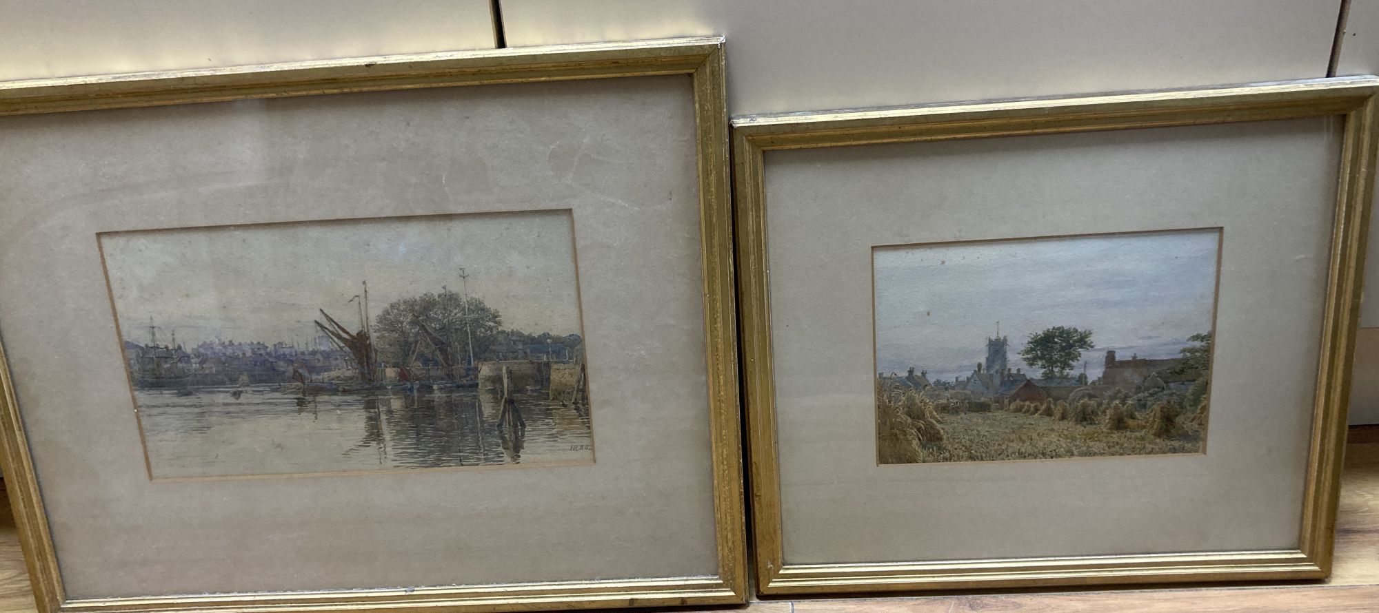 H.R. 1886, two watercolours, Harbour scene and View of a cornfield, monogrammed and dated, 17.5 x 30cm and 15 x 21cm